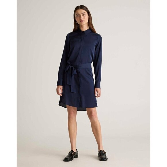 Quince Washable Stretch Silk Shirt Dress in navy Size S - Picture 1 of 10